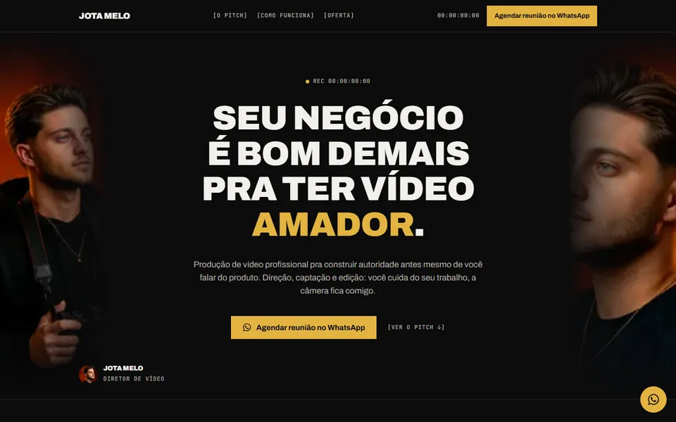 Página do Jota Melo com o título Seu negócio é bom demais pra ter vídeo amador e o botão para agendar pelo WhatsApp