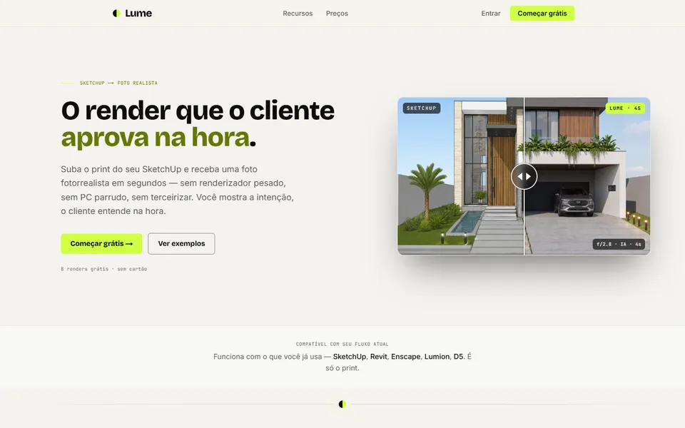 Página do Lume com o título O render que o cliente aprova na hora e um comparativo de fachada antes e depois