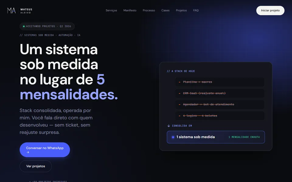 Página inicial do mateusaleixo.dev com o título Um sistema sob medida no lugar de 5 mensalidades