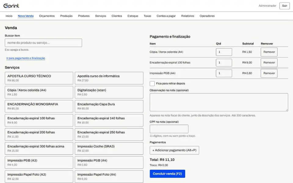 Tela de venda do PDV da GPrint com o logo no topo, o catálogo de serviços da gráfica e um carrinho com três itens e o total da venda