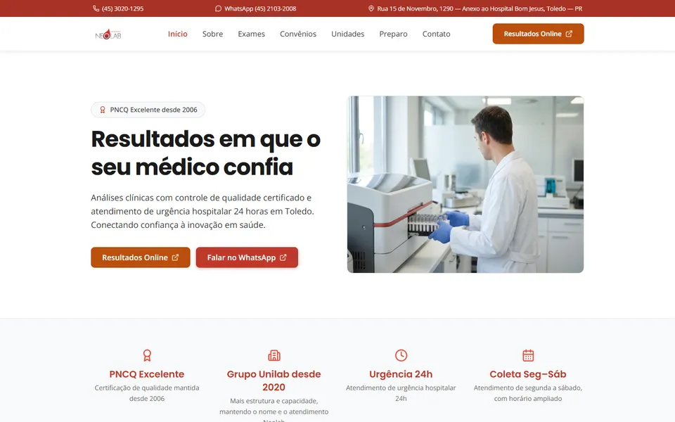 Página inicial do Laboratório Neolab com o título Resultados em que o seu médico confia e um profissional operando um equipamento